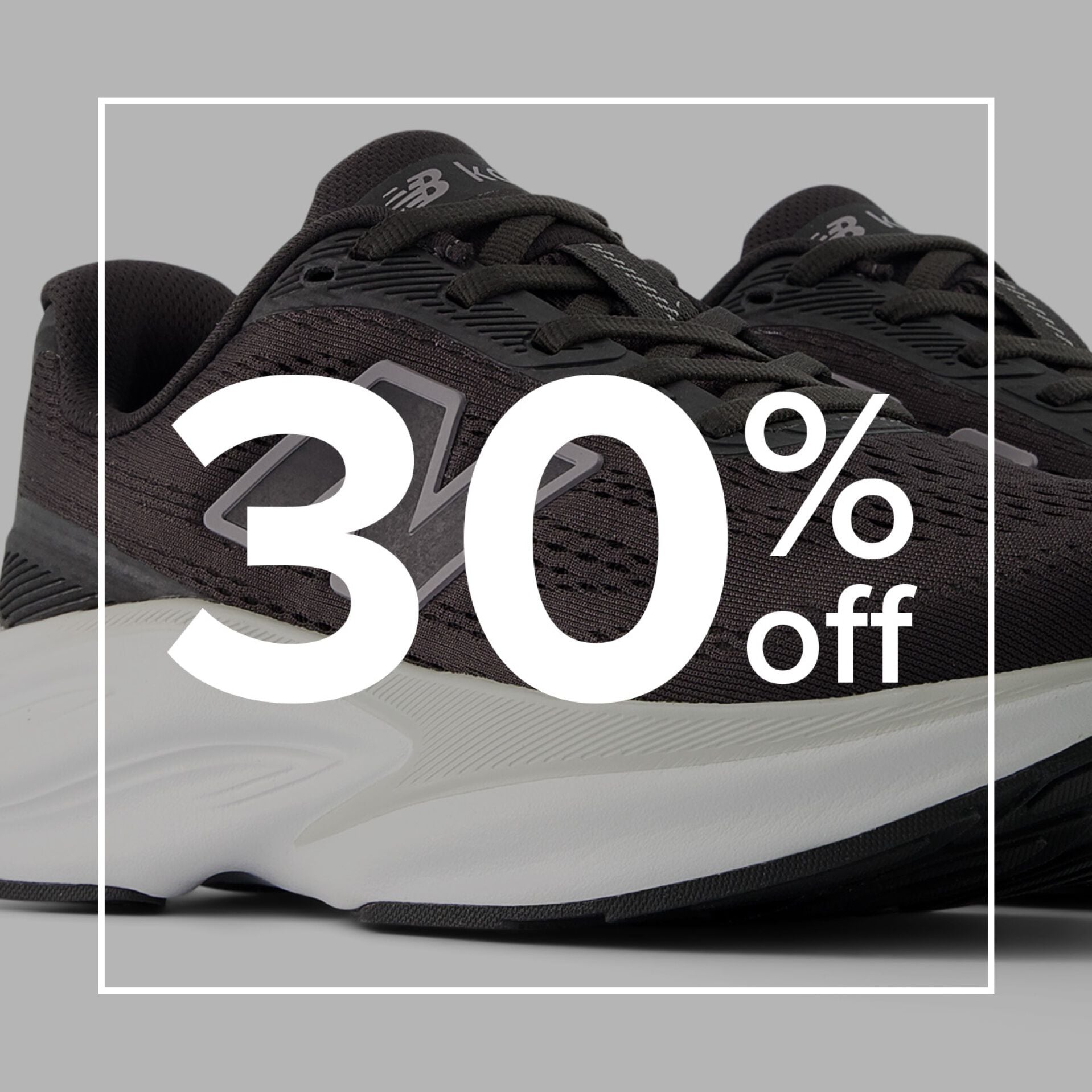 Black New Balance shoes with 30% off overlay