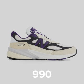 Unisex white with black and purple 990 shoe.