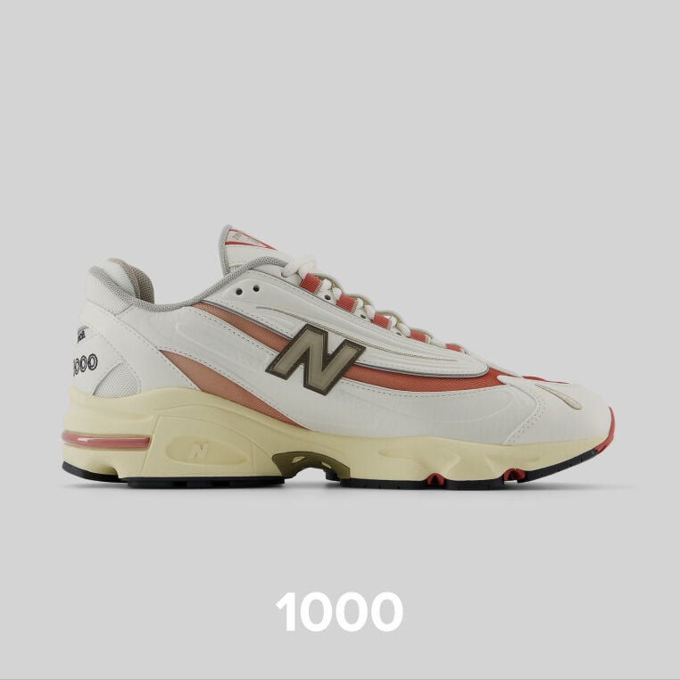 Unisex white and tan 1000 shoe.