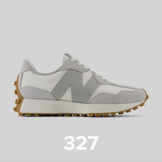 Women's white with grey 327 shoe.