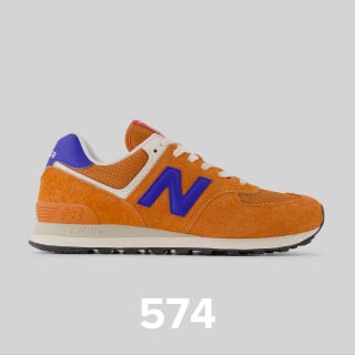 Unisex orange with blue 574 shoe.