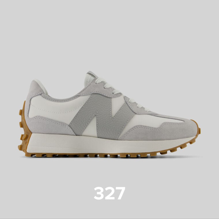 Women's white with grey 327 shoe.